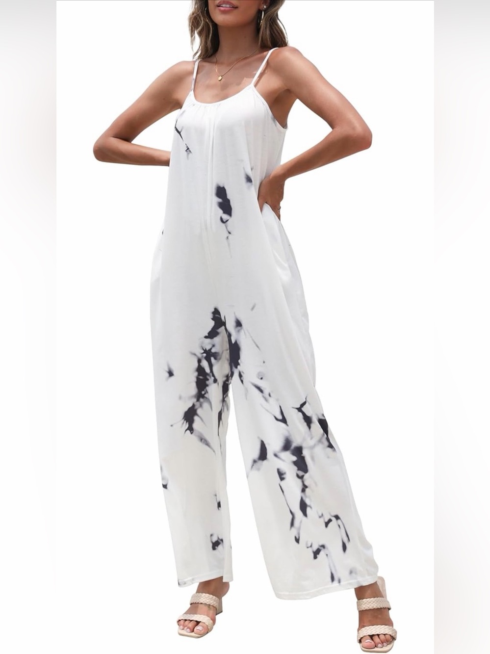 White Tie-Dye Spaghetti-Strap Wide-Leg Jumpsuit